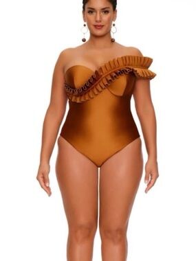 Andrea Iyamah Wine One-Shoulder Ruffle One-Piece Unique Swimsuit Size XXL